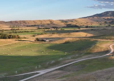 Clearwater West Big Horn, WY Equine Facility evening light south hay field bales and irrigaton