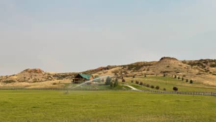 Sprinkler irrigation watering pasture at Rocknhat Horse Ranchette near Sheridan, Wyoming